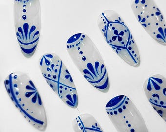 Handmade Porcelain Blue Press on Nails - Spanish Tile Ceramic Fake Fingernails - Talavera Blue Nails