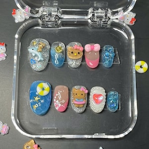 Beach Theme Cute Kawaii Kitty Press on Nails - Reusable Handmade Fake Fingernails U96