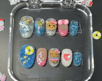Presse sur les ongles thème plage mignon chaton kawaii - faux ongles réutilisables faits main