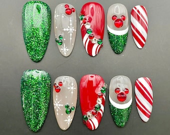 Christmas Glitter Mouse Ears Press On Nails - Handmade Red & Green Reusable Fingernails - Gel Fake Nails - Glue on Nails