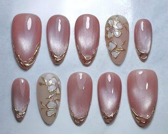 Handmade Pink Cat Eye Press On Nails – Gold Floral, Elegant Reusable False Nails