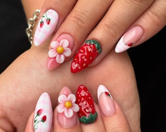 Handmade Press On Nails Almond, 3D Strawberry and Flower with Pink Gingham Plaid, Fruit Spring Custom Shape