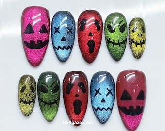 Handmade Colorful Spooky Faces Press On Nails | Halloween Ghoul & Pumpkin Fake Nails | Multi-Color Cat Eye Gel Nails