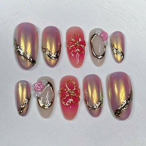 Handmade Blooming Floral Gold Chrome Press-on Nails - Reusable Custom Fingernails - Gel Fake Nails - Glue on Nails X10