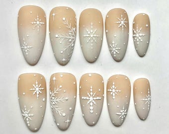 Handpainted White Snowflakes Christmas Press On Nails - Handmade Reusable Fake Fingernails