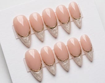 Handgjorda pärlvita French Tips press-on naglar | Guldkrom eleganta lösnaglar | Akrylgel limnaglar