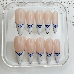 Talavera Blue White French Tip Press on Nails - Porcelain Spanish Tile Ceramic Custom Handmade Fake Fingernails - Gift for Her U60
