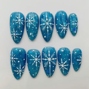 Handpainted Glitter Snowflake Christmas Nails - Ocean Blue Handmade Reusable Fingernails F88