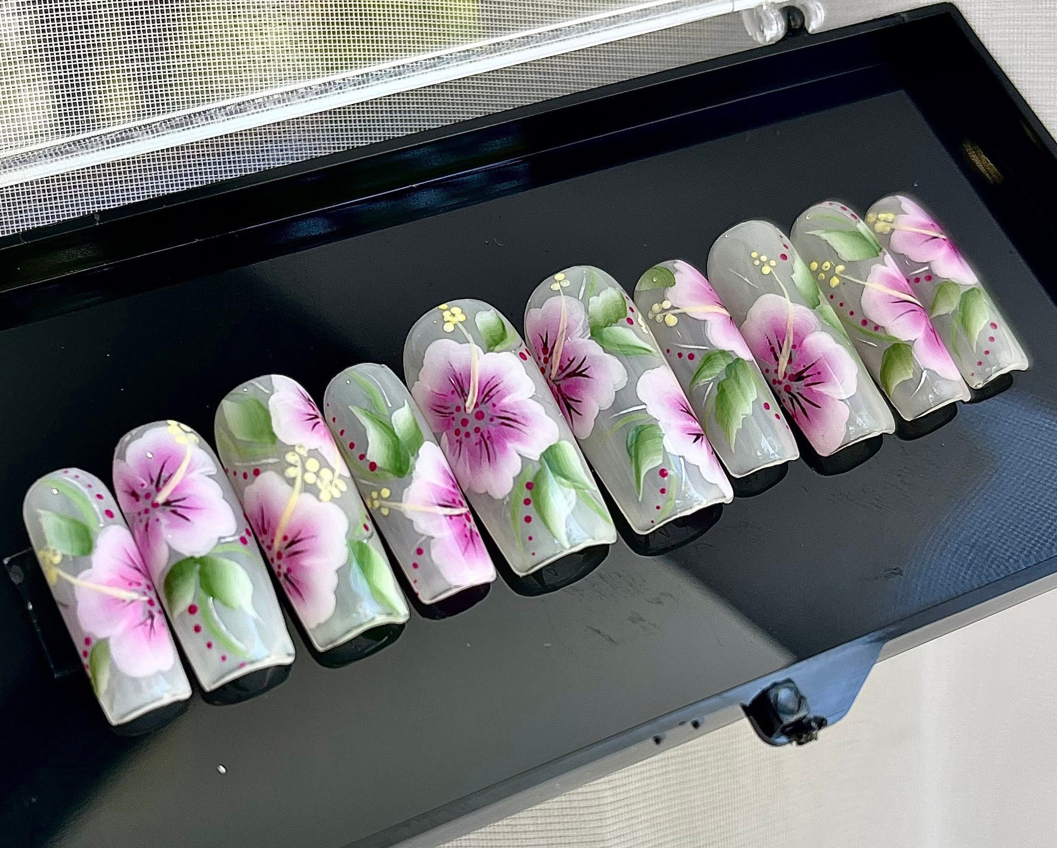 Hibiscus Spring Press on Nails - Green Pink Long Short Nail Art - Custom Handmade Set Gel Fake Glue on Nails A68
