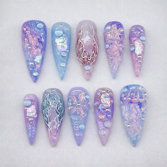 Handmade 3D Jellyfish Mermaidcore Press On Nails | Iridescent Purple Ocean Fake Nails | Custom Textured Fairycore Almond Nails
