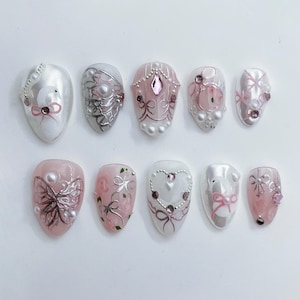 Weddings Balletcore Pink Swan Butterfly Press On Nails - Pearl Bow Elegant Handmade Reusable Fake Fingernails - Glue on Nails A02