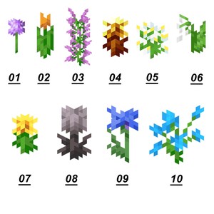 Puede incluir: Una colecci&oacute;n de diez ilustraciones de flores en arte de p&iacute;xeles dispuestas en dos filas, numeradas del 01 al 10. Las flores presentan varios colores, incluyendo morado, naranja, rosa, amarillo, blanco, verde, gris y azul, en estilo digital.