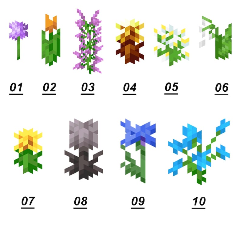 Puede incluir: Una colecci&oacute;n de diez ilustraciones de flores en arte de p&iacute;xeles dispuestas en dos filas, numeradas del 01 al 10. Las flores presentan varios colores, incluyendo morado, naranja, rosa, amarillo, blanco, verde, gris y azul, en estilo digital.