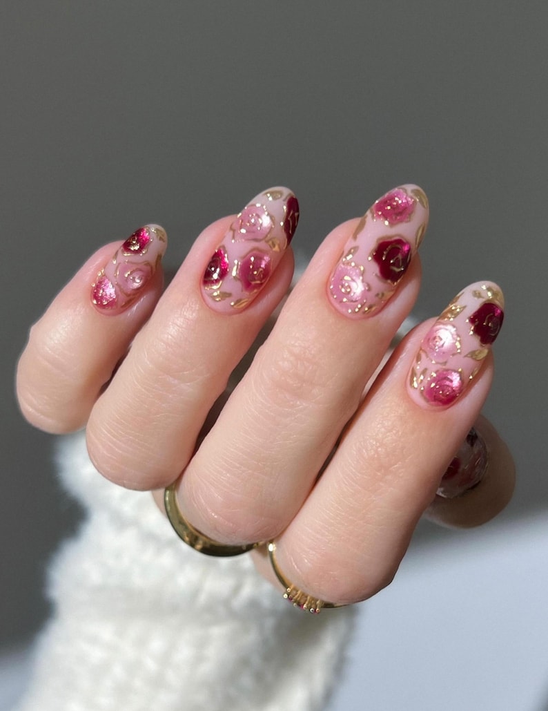 Handmade Press On Nails Red and Pink Cat Eye Roses, Solid Color Magnetic Velvet Effect - Hand-painted Fake Fingernails bild 2
