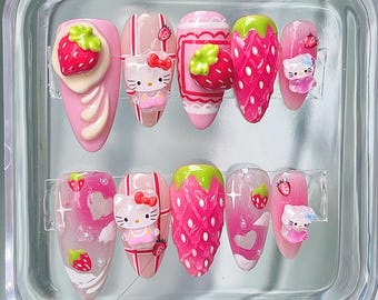 Cute Strawberry Kawaii Kitty 3D Press-on Nails Spring Fruit - Reusable for Daily Wear - Gift for Her