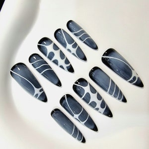 3D Style Black Press on Nails, Gothic Long Stiletto Beautiful Trendy Custom Party Nail Set, Faux False Gel Fake, Glue on Festive Nail C25