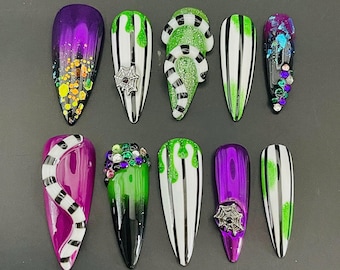 Beetle Juice 2 Inspired Press on Nails • The Juice Is Loose • It’s Showtime • The Sandworm • Spooky Halloween Nails • Horror Movie Nails