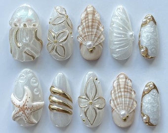 Seashell Starfish Jellyfish Mermaid Press On Nails - 3D White Gold Handmade Reusable Custom Fingernails - Gel Fake Nails - Glue on Nails N03
