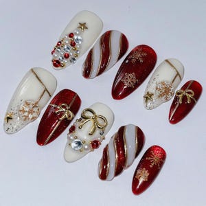 Red Gold Christmas Press On Nails | 3D Xmas Tree Bow Fake Nails | Elegant Holiday | Gold Snowflake Nail Art | Luxury Nails Custom Shape image 7
