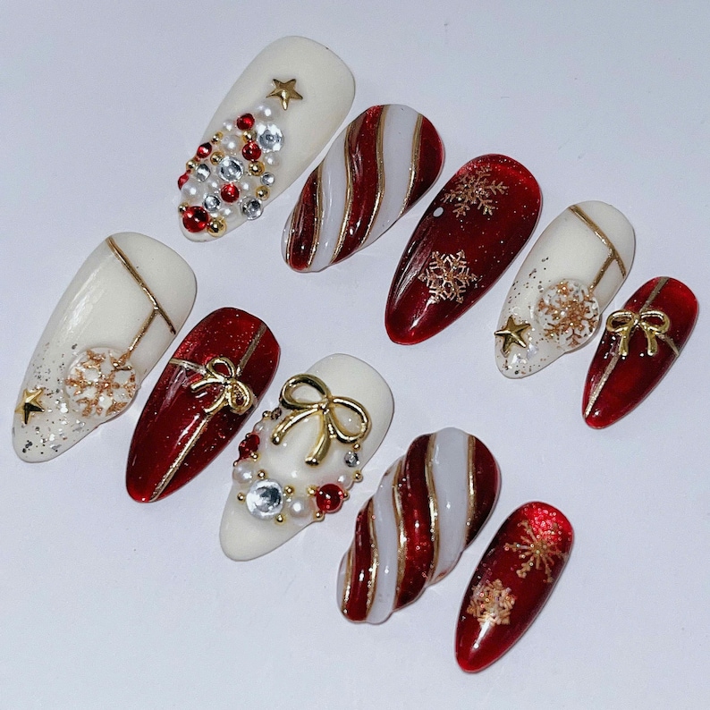Red Gold Christmas Press On Nails | 3D Xmas Tree Bow Fake Nails | Elegant Holiday | Gold Snowflake Nail Art | Luxury Nails Custom Shape image 7