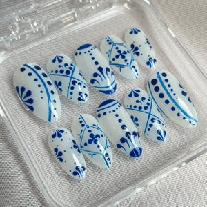 Talavera Blue - Porcelain Spanish Tile Ceramic Press on Nails - Long Short Nail Art, Custom Handmade Set Gel Fake Glue on Nails W74