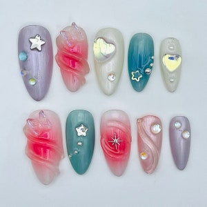 Handmade Cute 3D Kawaii Press on Nails - Pretty Pink & Blue Custom Fingernails - Hand-painted Reusable Gel Fake - Glue on Nails S01