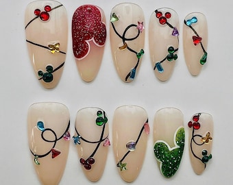 Christmas Mouse Ears Lights Press On Nails - Handmade Red & Green Reusable Fake Acrylic Fingernails