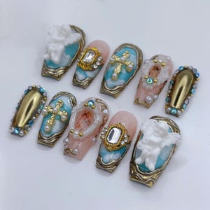 Handgjorda pressnaglar, 3D barockängel och guldkors med renässanskonst, lyxig anpassad form och längd, present till henne bild 8