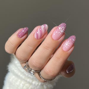 Pink Christmas Press On Nails | Cute Holiday Fake Nails | Snowflake & Candy Cane | Pink Glitter Nails | Coquette Xmas | Almond Shape image 1