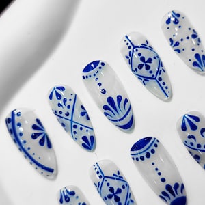 Porcelain Spanish Tile Ceramic Press on Nails - Talavera Blue White Oval Nail Art, Custom Handmade Set Gel Fake Glue on Nail Gifts W74