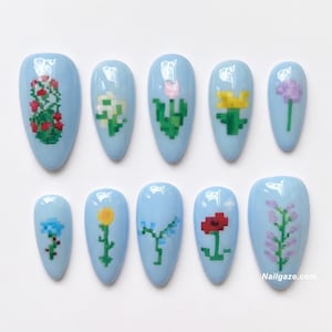 Uñas postizas personalizadas hechas a mano con diseño floral de MC Game / Uñas postizas retro de 8 bits con estampado floral pixelado de Mine / Uñas de gel imagen 1