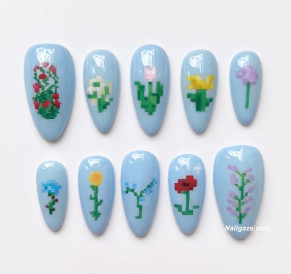Handmade MC Game Custom Flower Press On Nails | Mine Pixel Art Floral Retro 8-Bit Blue Fake Nails | Gel Nails