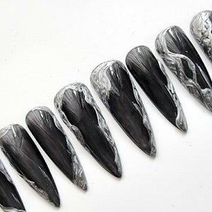 Black Metallic Silver Press on nails, Beautiful Long Stiletto Party Hand-Painted Nail Set, Gel Fake Nails Festive Fun, Luxury Nails P16