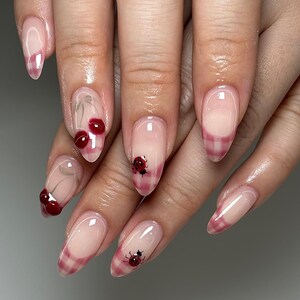 3D Cherry Press On Nails | Ladybug Nails | Pink Plaid French Tip Fake Nails | Coquette Nails | Cottagecore Picnic Nail Art | Almond