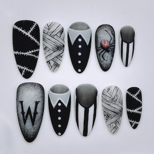 wedsnday Spiderweb Halloween Press On Nails - Spooky Season Goth Black Handmade Reusable Fake Fingernails - Glue on Nails D48