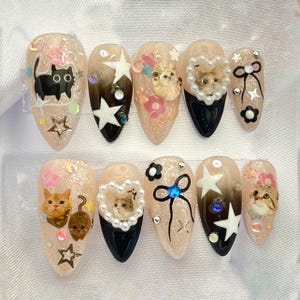 Handmade Cat Lovers Kawaii Cute Press on Nails - Reusable Fake Fingernails X57