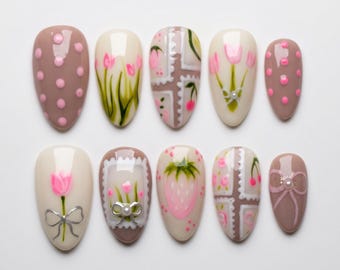 HandPainted Vintage Tulip Floral Press On Nails | Pink Strawberry Coquette Bow Custom Spring Fake Nails