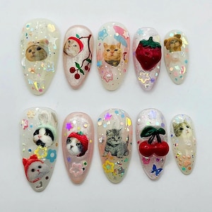 Handmade &quot;Cool Kitty&quot; Kawaii Cat Lovers Press on Nails - Reusable Hand-painted Fake Fingernails - Strawberry Cherry Fruit Y2K Nails R31