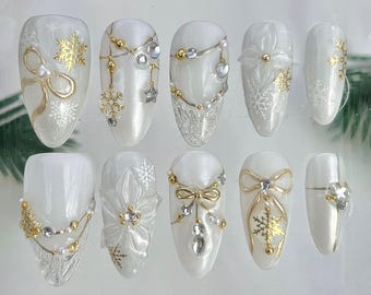 Merry Christmas Snowflake Gold Pearl Rhinestone Press On Nails - Custom Holiday Handpainted Handmade Gel Fake Glue on Nail