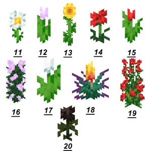 Puede incluir: Una colecci&oacute;n de diez ilustraciones de flores en pixel art etiquetadas del 11 al 20. El conjunto incluye varios dise&ntilde;os florales en bloques con colores como blanco, amarillo, rojo, morado, rosa y negro, cada uno con tallos y hojas verdes.
