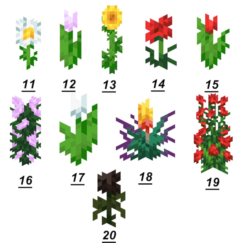 Puede incluir: Una colecci&oacute;n de diez ilustraciones de flores en pixel art etiquetadas del 11 al 20. El conjunto incluye varios dise&ntilde;os florales en bloques con colores como blanco, amarillo, rojo, morado, rosa y negro, cada uno con tallos y hojas verdes.