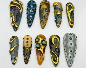 Freestyle Gold Chrome Press on Nails - Mystery Land Reusable Handmade - Long Short Custom Nail Art - Fake Fingernails - Glue on Nails Y86