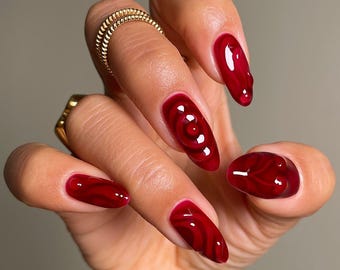 Deep Red Swirl Press On Nails - Jelly Liquid Gel Abstract Art Handmade Reusable Custom Fake Nails - Dark Vampy Gothic Glue on Nails