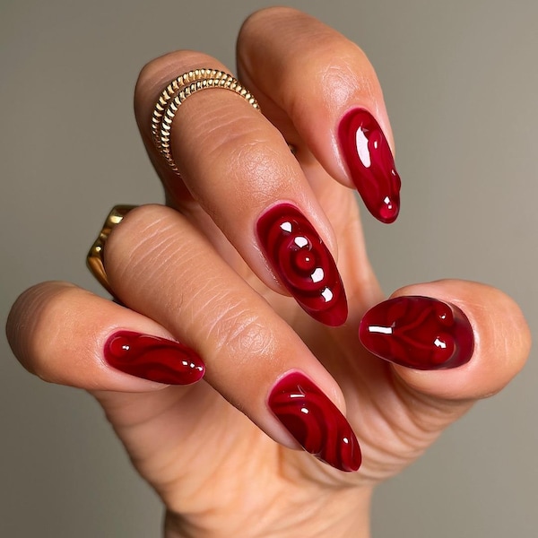 Deep Red Swirl Press On Nails - Jelly Liquid Gel Abstract Art Handmade Reusable Custom Fake Nails - Dark Vampy Gothic Glue on Nails