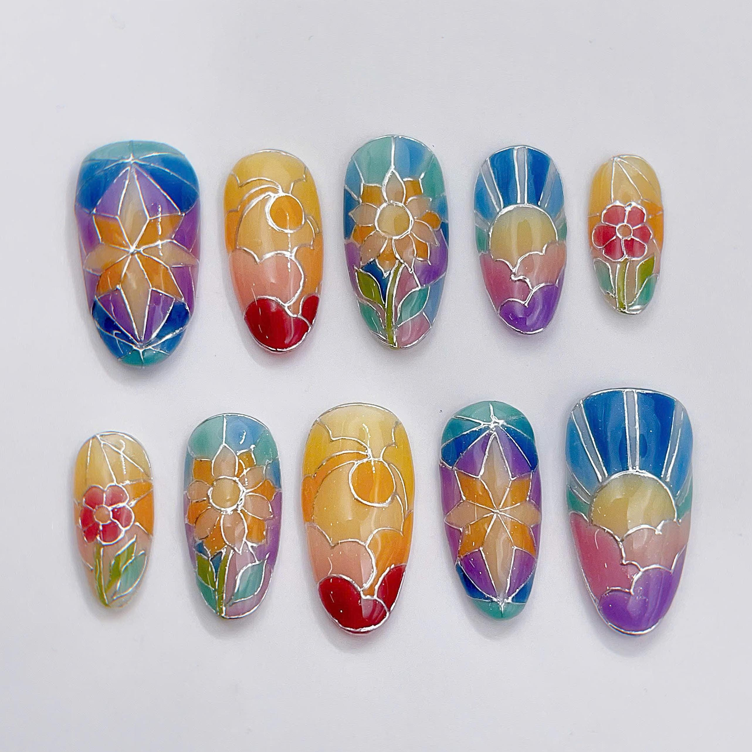 Stained Glass Floral Colorful Press on Nails - Handmade Mosaic Artistic Unique Elegant Reusable Fake Fingernails R86