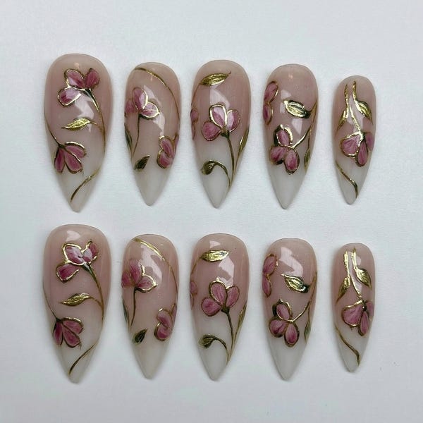Handmade Vintage Pink Floral Press On Nails | Gold Botanical Ombre Fake Nails | Custom Elegant Wedding Bridal