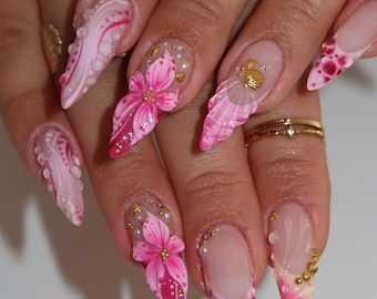 Handmade Pink Flower Mermaid Summer Press on Nails - Water Droplet Seashell 3D Tropical Reusable Fake Fingernails