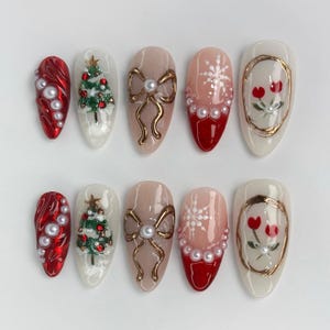 Elegant Christmas Press On Nails | 3D Bow & Tree | Red Gold Fake Nails | Mismatched Holiday | Snowflake Nail Art | Xmas Nails | Almond