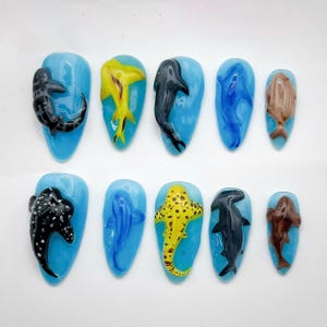 3D Deep Sea Shark Press on Nails - Ocean Aquatic Blue Animal Handmade Fake Fingernails P69