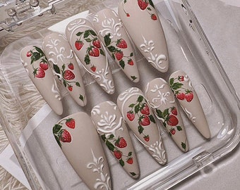 Presse-ongles fait main Strawberry Garden – Ensemble de produits à coller en gel de fruits peints à la main
